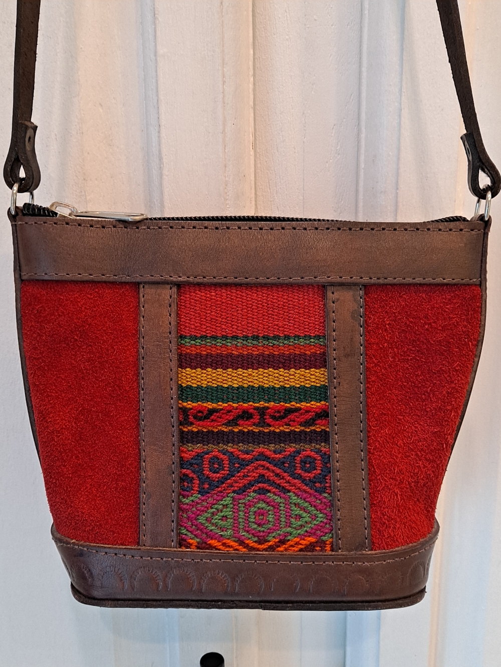 Artisan Handmade Peruvian Andean  Red Tooled Suede & Woven Accent Crossbody Bag